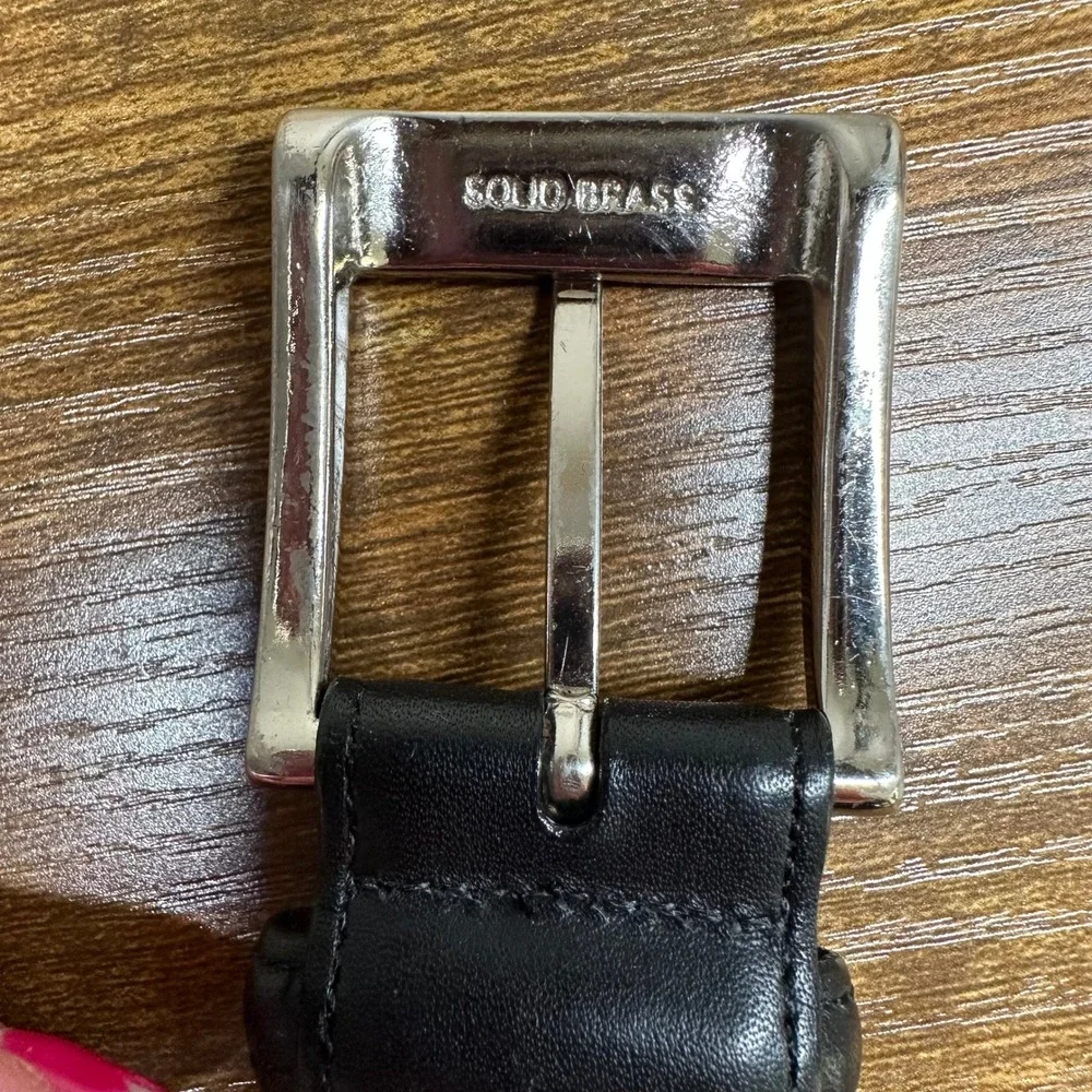 Bobby Jones Mens Black Leather Belt Silver Tone Solid Brass Buckle Size 36‎ 90
